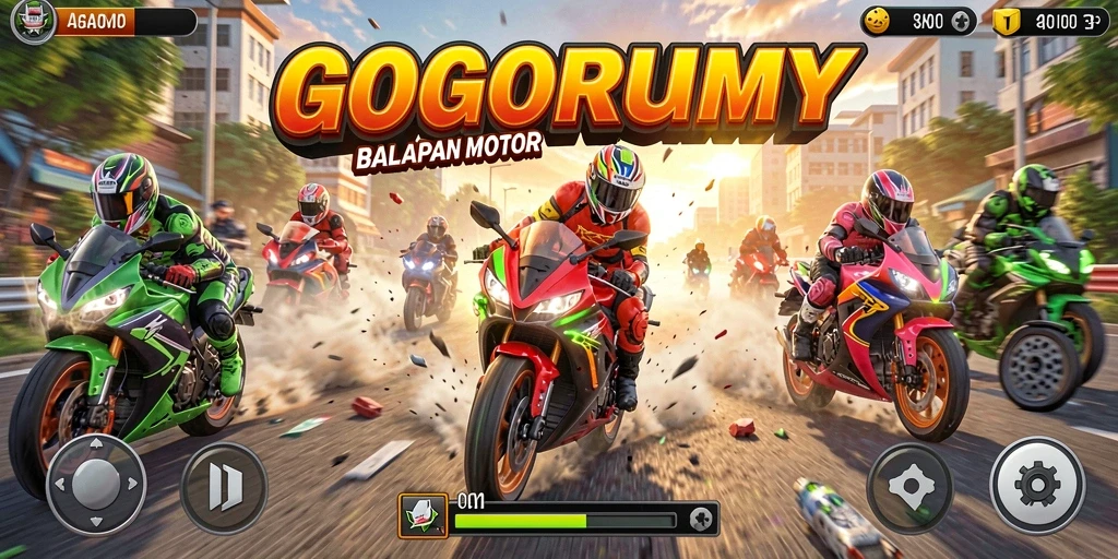 Tampilan gameplay GOGORUMMY dengan balapan motor yang penuh aksi dan tantangan.