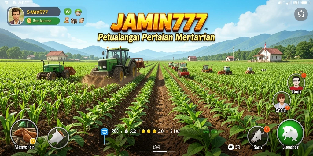 Screenshot utama JAMIN777 menampilkan kebun indah dengan tanaman berwarna-warni.