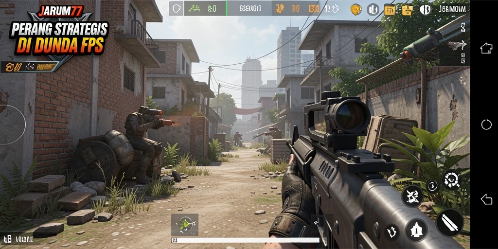 Tangkapan layar utama JARUM77 menampilkan pertempuran FPS yang mendebarkan.