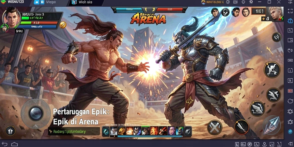 Screenshot utama WISNU123 menampilkan karakter bertarung di arena yang dinamis.